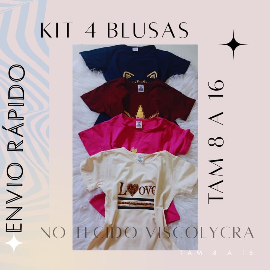 Kit 4 Blusas Camisetas Básica Menina Infantil Estampa Moda Feminina Conforto Dia Dia