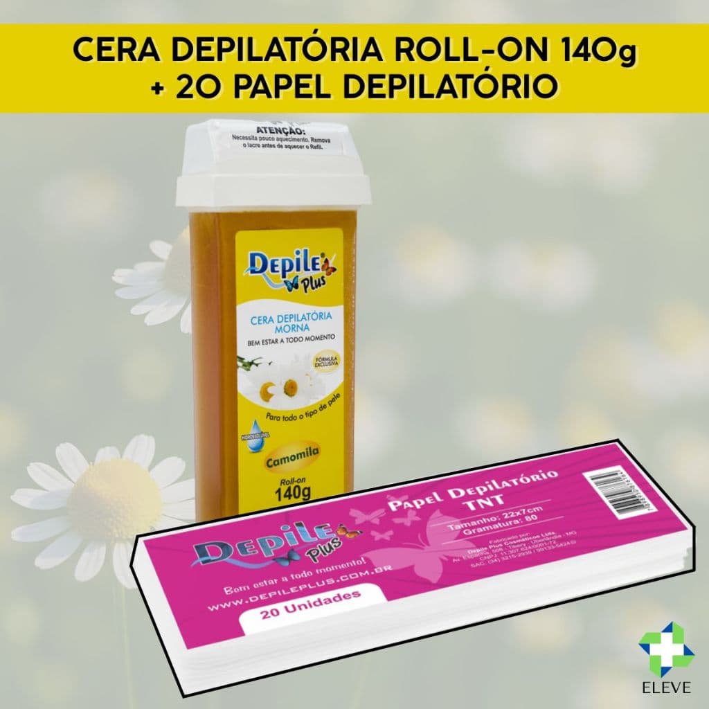Kit Cera Depilatória Hidrossolúvel Roll-On 140g Depile Plus + Papel Depilação TNT 20 Folhas
