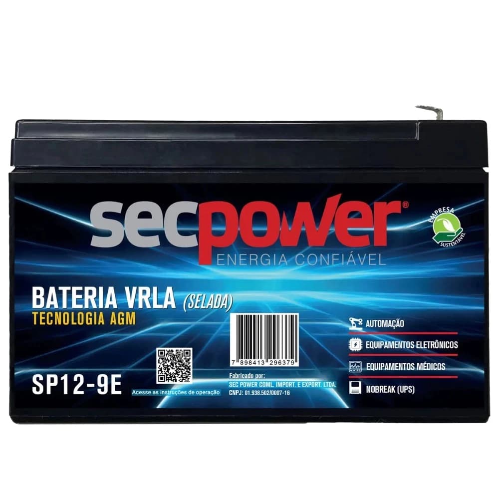 Bateria Selada Secpower Vrla 12V 9ah Alarmes, Central de Cerca Elétrica,Nobreak, Pulverizador