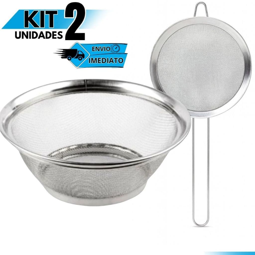 Kit 2 Peneira Coador de Cozinha + Cesta Inox Utensílios Multiuso para Fritura Lavar e Coar