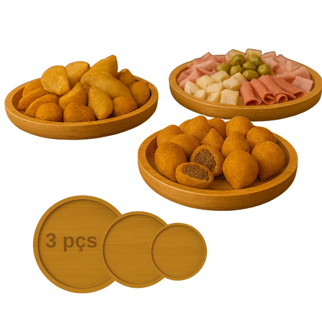 Kit 3 Bandejas Redondas MDF Mesa Posta Petisqueira Festas Doces Salgado Petiscos