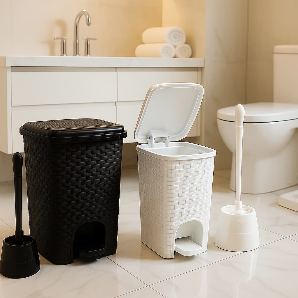 Rattan PEDAL 07 Litros Preta/Branca + BRINDE Escova Sanitária Reforçada Casa Banheiro Limpeza