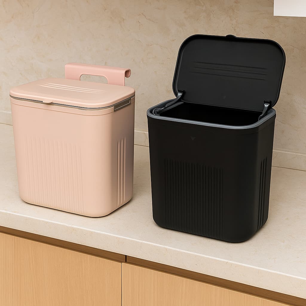 Lixeira Suspensa Cozinha Banheiro 09 Litros Com Tampa Suporte De Adesivos Alça De Pendurar