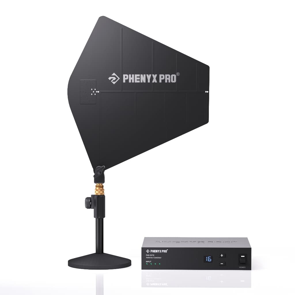 Kit combinador de antenas UHF Phenyx Pro PAS-227X para sistema de monitoramento intra-auricular.