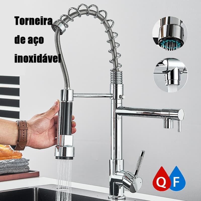 Torneira Cozinha Gourmet Inox para Bancada parede com Spray Flexível