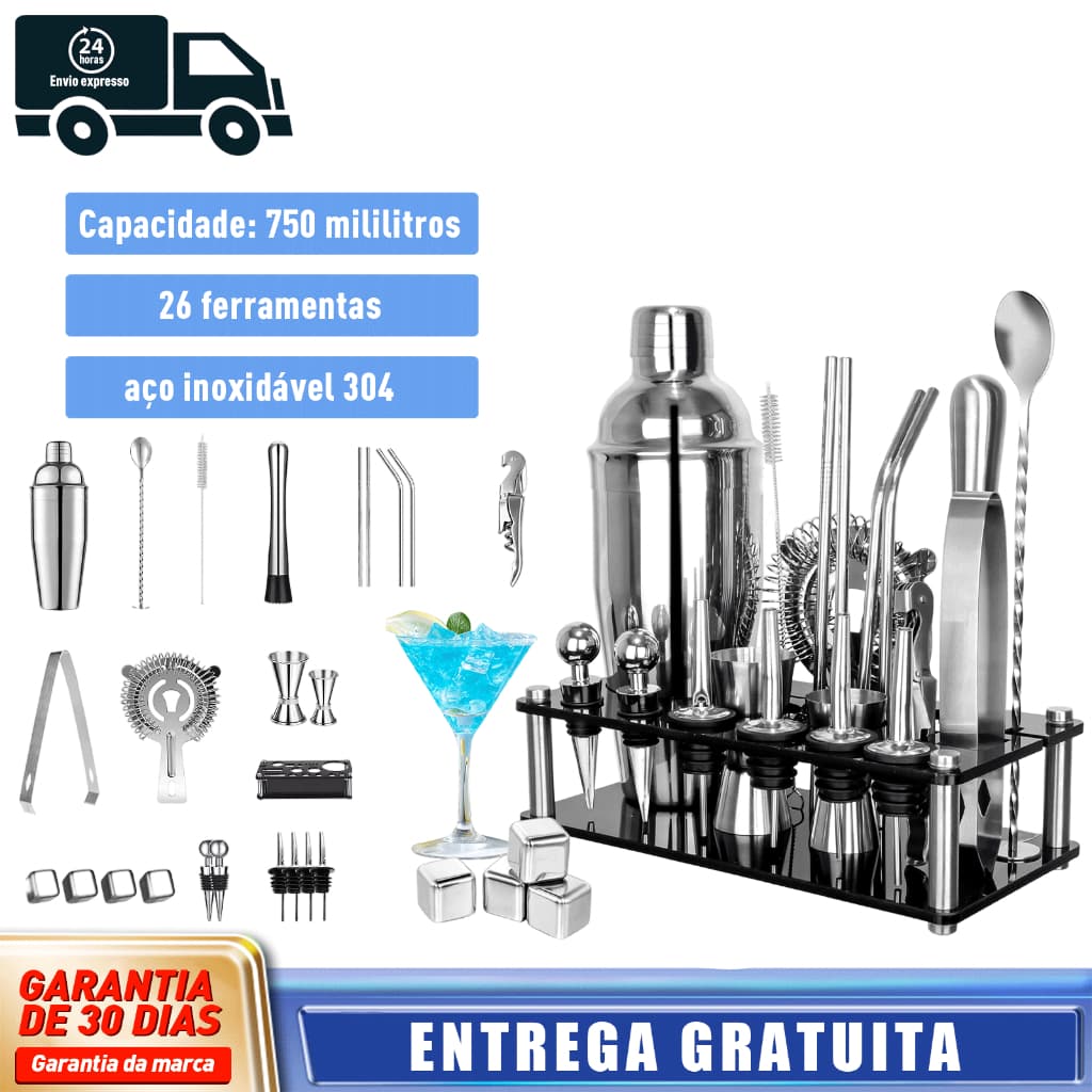 Kit Coqueteleira Profissional 26pcsTorre De Caipirinha Em Aço Inox304Kit Bartender 750ml Com Prateleira De Armazenamento