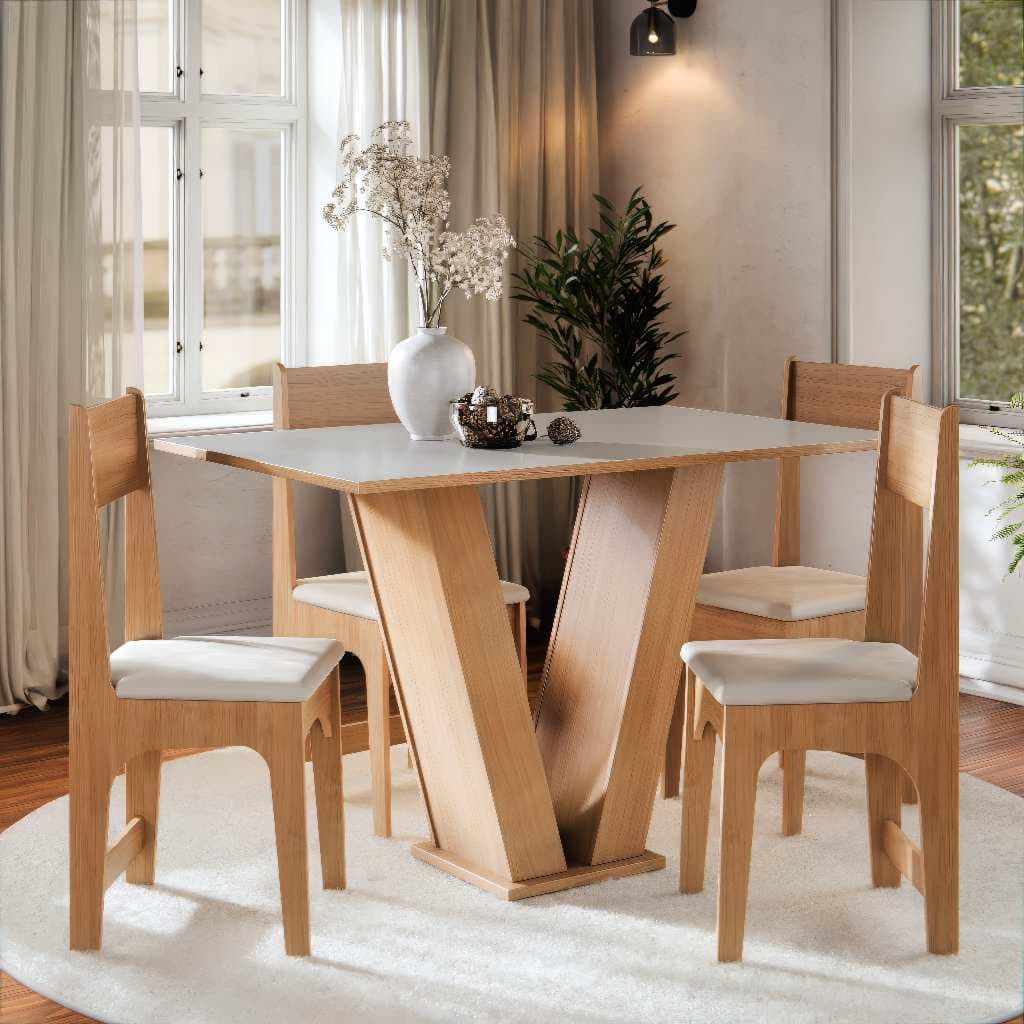 Conjunto Sala de Jantar Vivi Mesa 110cm com 4 Cadeiras Estofadas MDF MDP Mel Off White Moderna