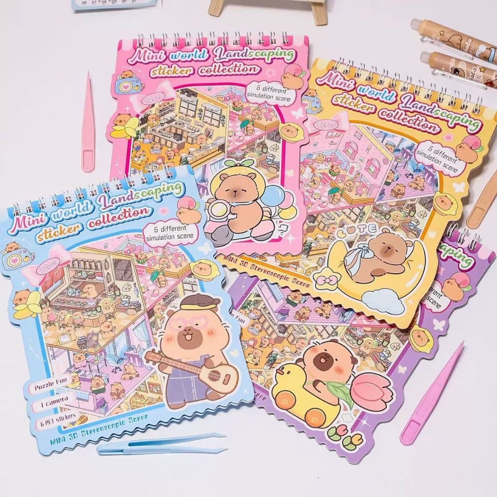Livro Mini Cenário Mundo Capivara Cartela de Adesivo 6 / 8 Cenários Pinça Divertida Fofo Paisagismo Kawaii