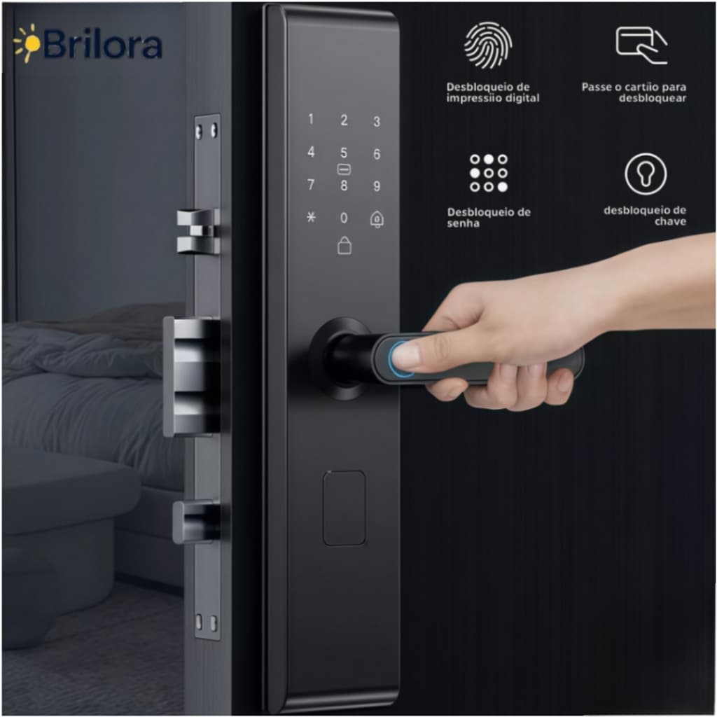 Fechadura Eletrônica Digital Intelar Preto 5 em 1 Com Biometria Senha Touch Chave E Tag