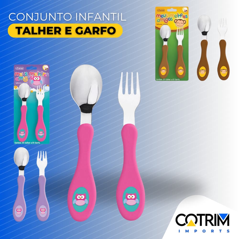 Conjunto de Talher Infantil Garfo Colher Inox para Alimentação Infantil Bebê Personagens Divertidos