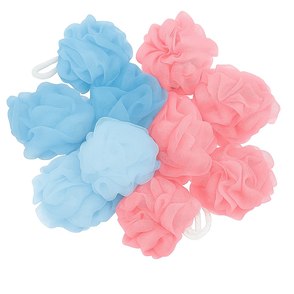 Bucha de Banho Esfoliante em Nylon Rosas e azul 50 unidades – Macia e Colorida Cha Revelação