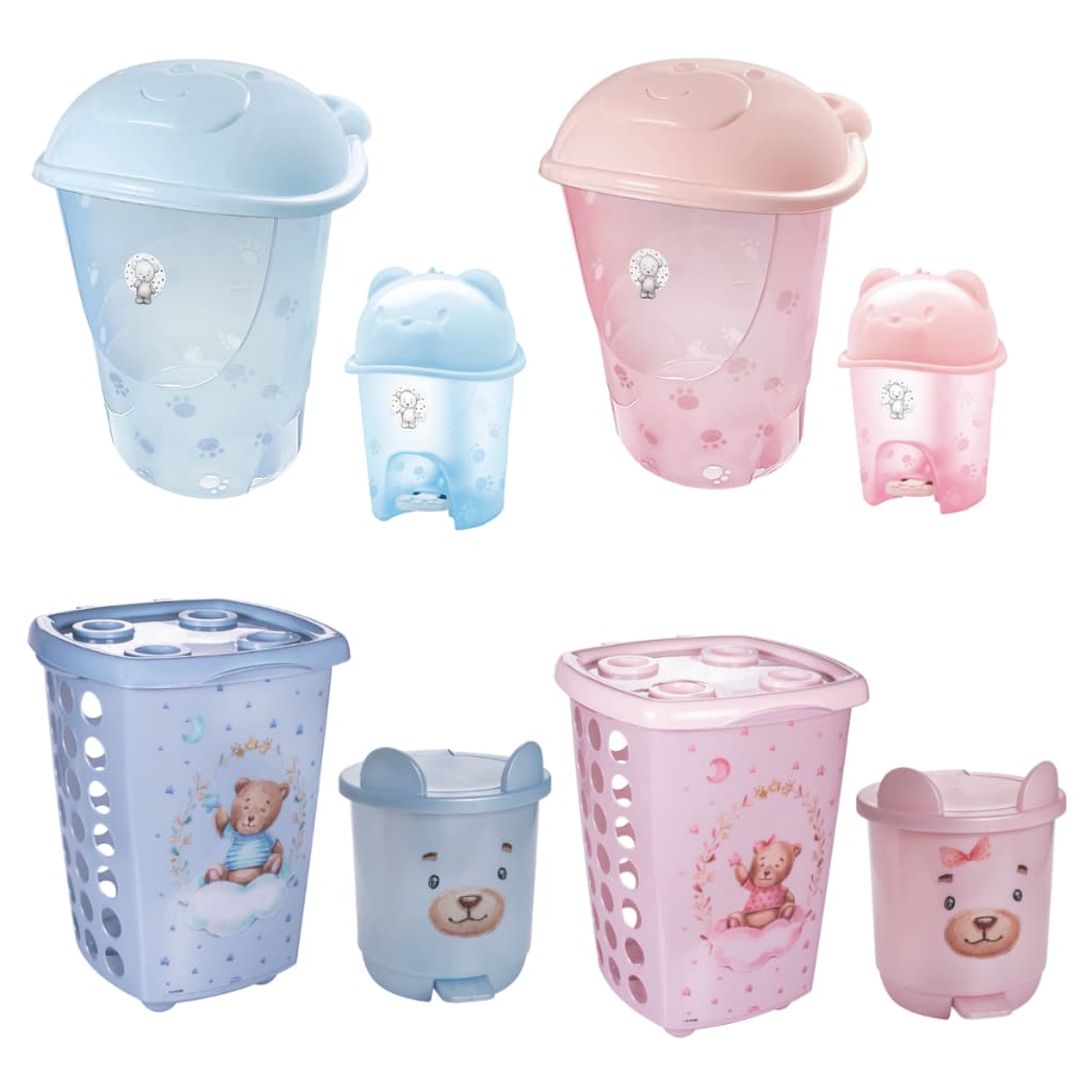 KIT CESTO DE ROUPAS + LIXEIRA PARA BEBÊ INFANTIL COM TAMPA E PEDAL - ADOLETA, PLASÚTIL, PLASTIBABY