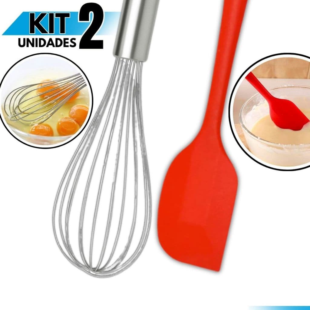 Kit Espátula Pão Duro Silicone + Fouet Batedor Inox | Utensílios Cozinha Confeitaria