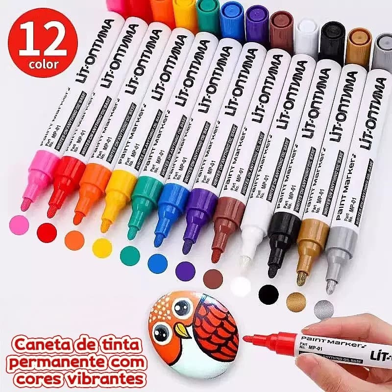 Caneta de Tinta Permanente 12 Cores - Marcador para Pneu, Metal, Plástico e Vidro