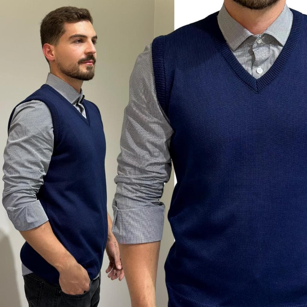 Roupa Colete Pulôver Masculino Elegante Chic Estiloso Clássico Tricot Lã Liso Gola V Sem Mangas