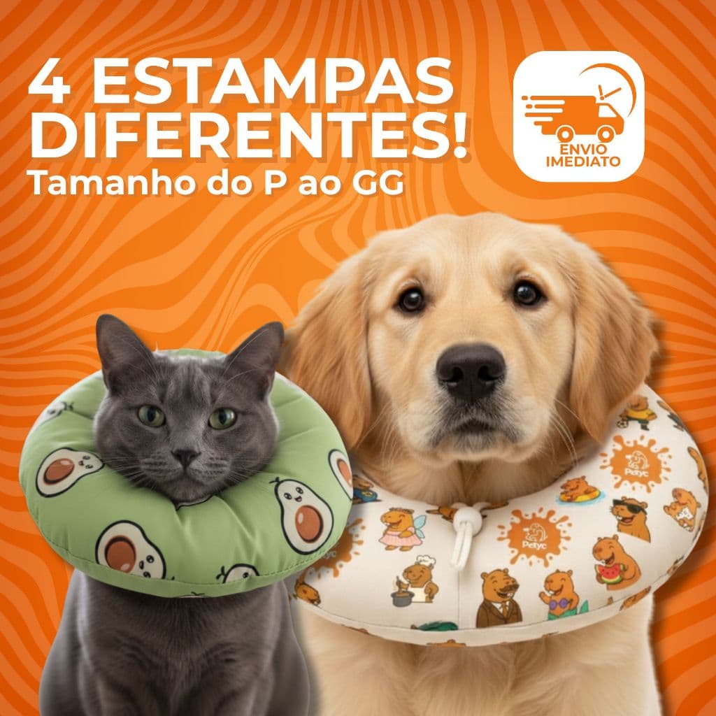 Colar Elizabetano Ajustável Pós Cirúrgico Cães e Gatos Confortável Estampado Proteção Macio P ao GG