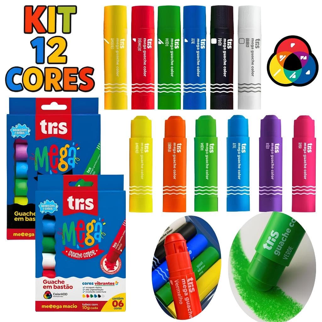 Tinta Guache Bastão 12 Cores Neon Clássicas Sistema ColorADD Lavável Infantil Não precisa pincel