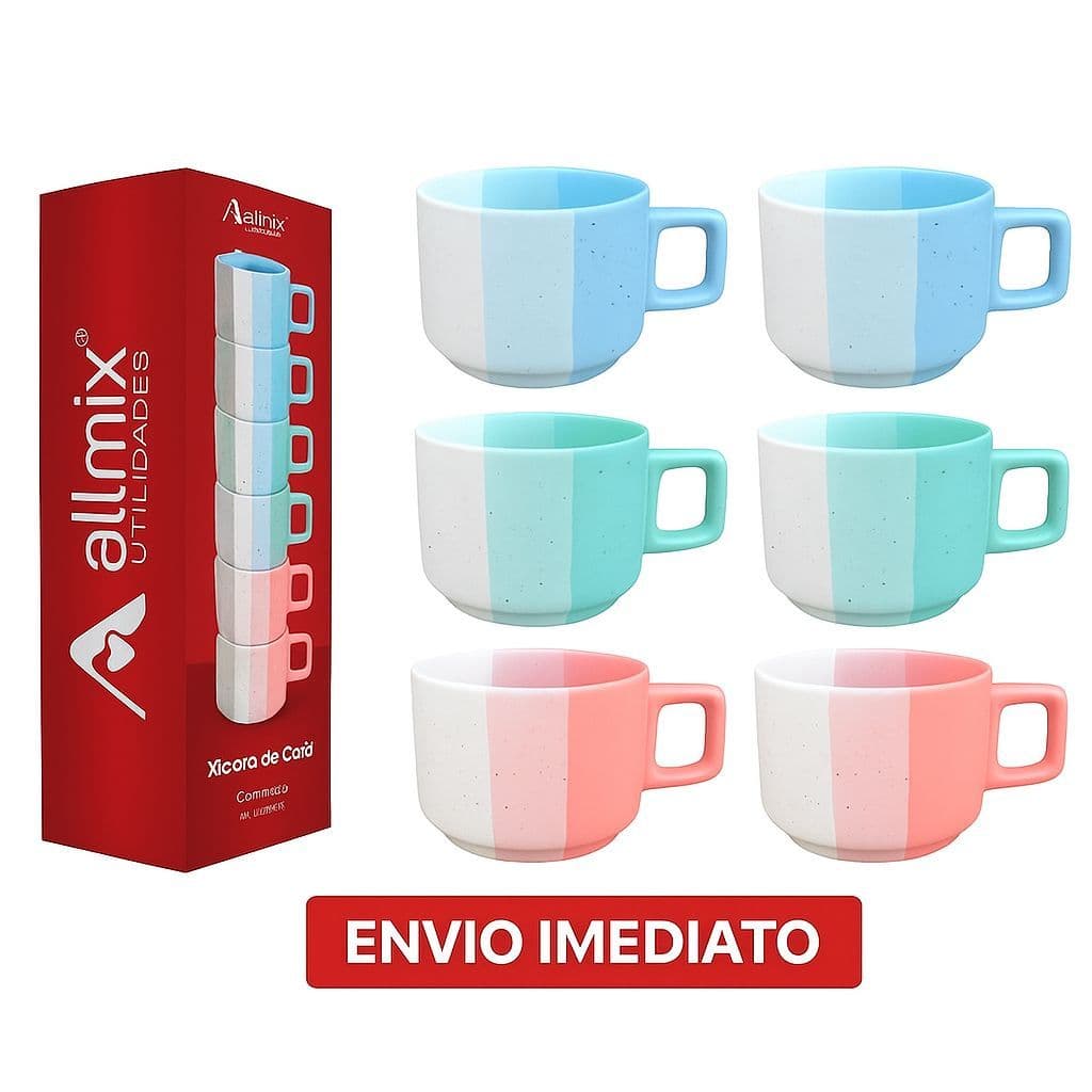 Kit Jogo 6 Xícaras Cerâmica Empilhavel 130 ML Sortida Colorida