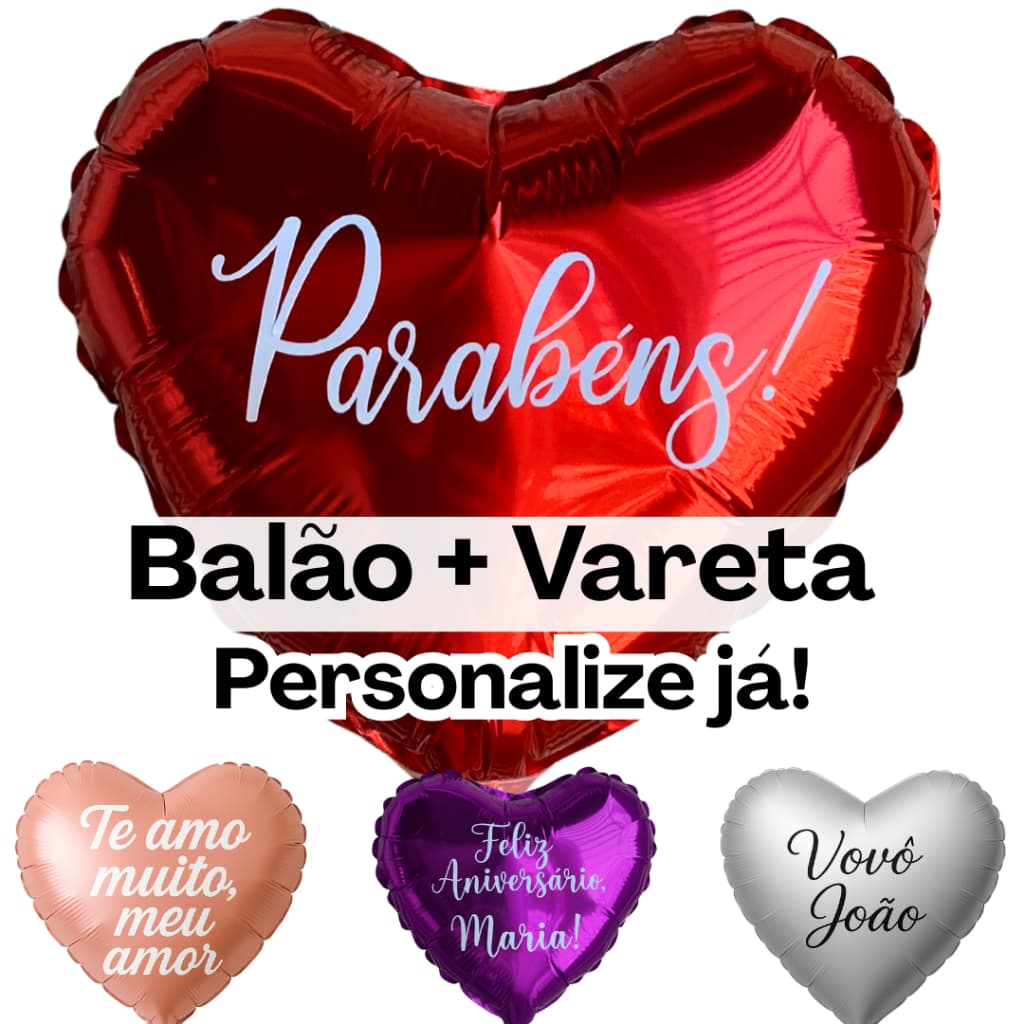 PERSONALIZADO | Kit 1 Balão de Coração + VARETA Balão Metalizado Balão| Balão de Aniversário, Presente e Surpresa|Balões