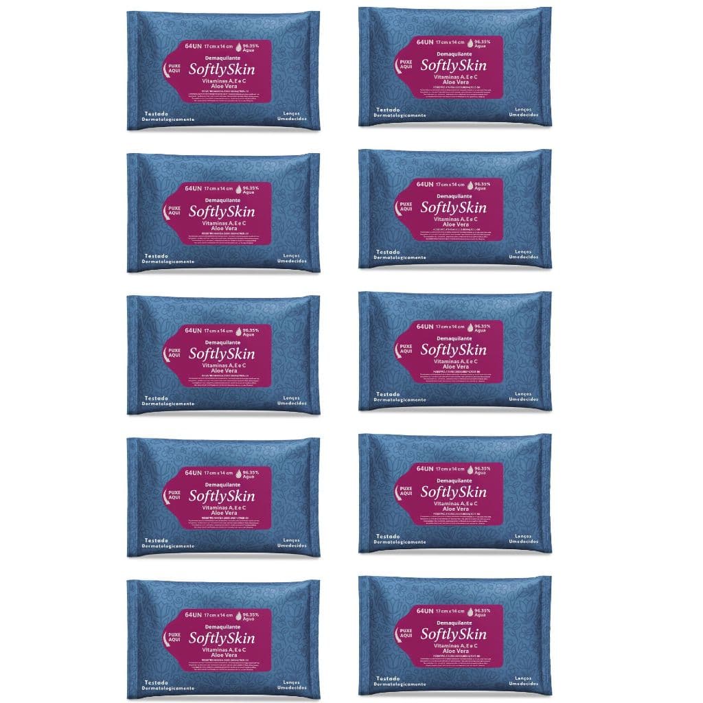 640un Lenço Demaquilante Umedecido Softly Skin c/Vitaminas - Suave e Hipoalergênico (10 Pacotes)