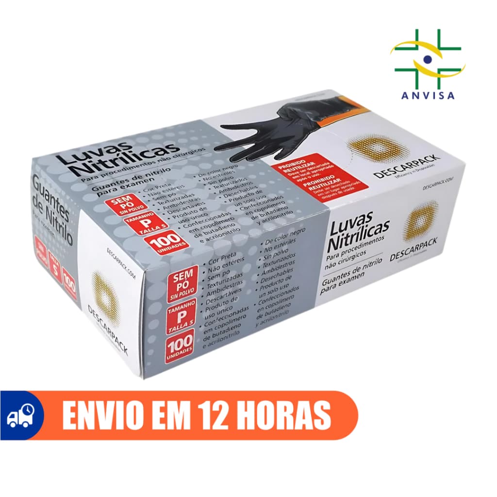 Luva de Procedimento Nitrílica Preto Sem Pó 100un Selo Anvisa Descarpack