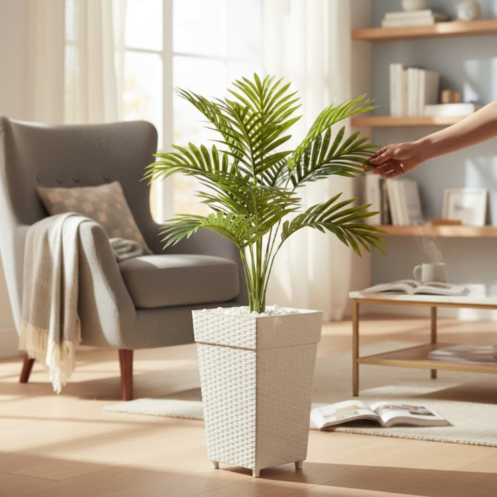 Planta Artificial Arranjo Palmeira Com Vaso Decorativo e Pedras Brancas