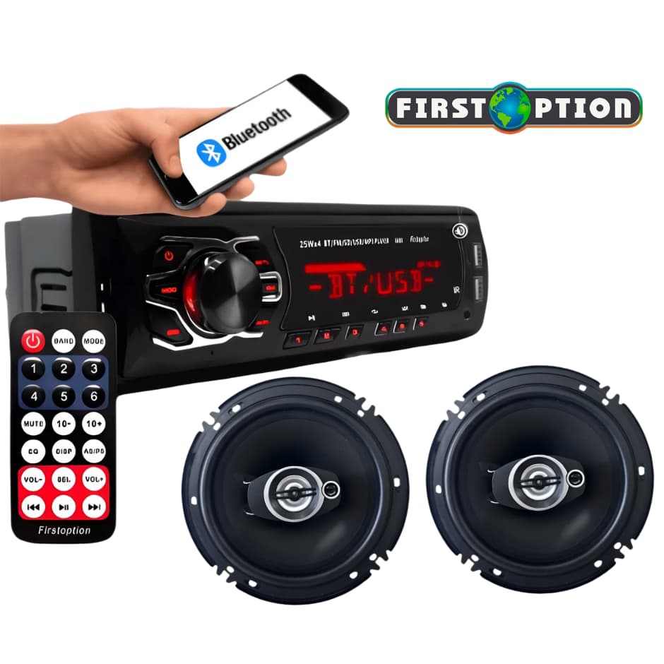 Kit Par Alto Falantes + Aparelho De Som First Option Mp3 Com Bluetooth