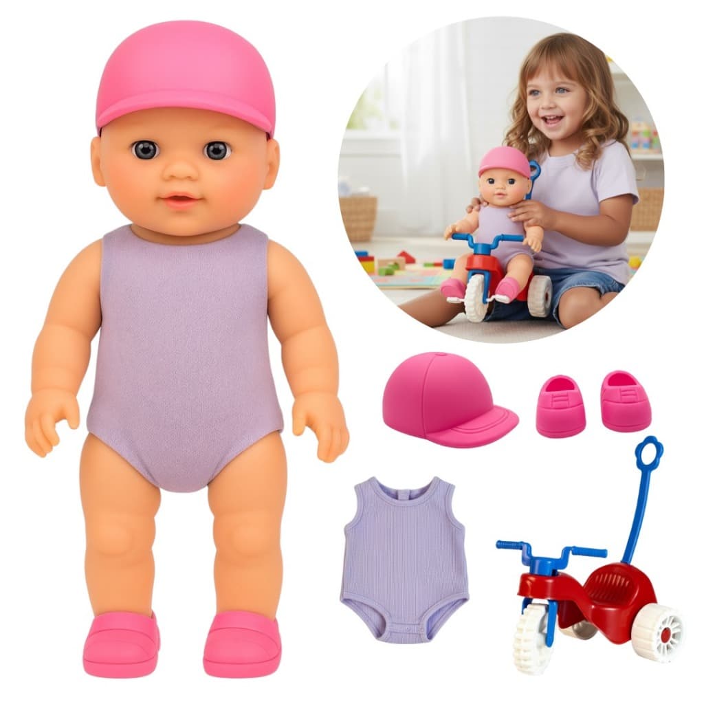 Boneca com Motoca e Acessórios Infantil Pequena Reborn com Triciclo