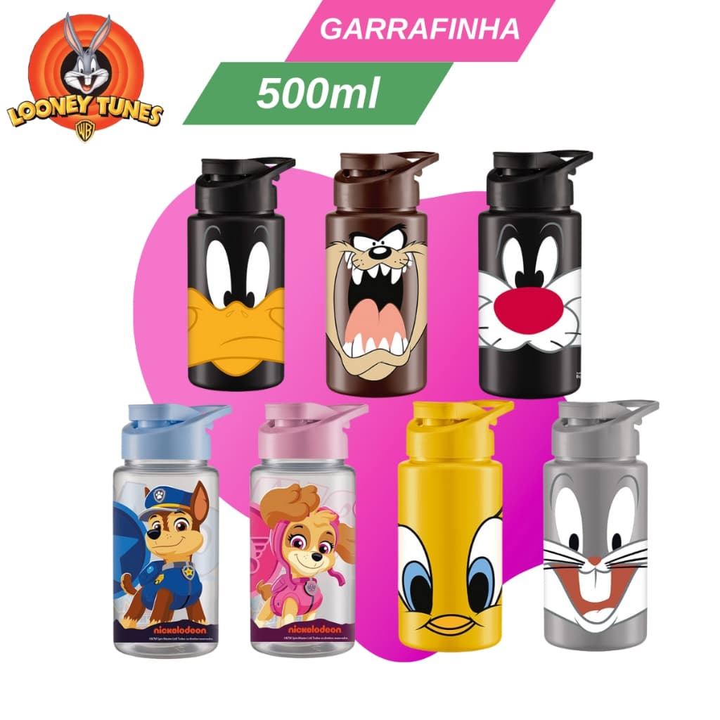 Garrafinha De Agua Infantil 500ml Decorada Looney Tunes e Patrulha Canina Volta as Aulas