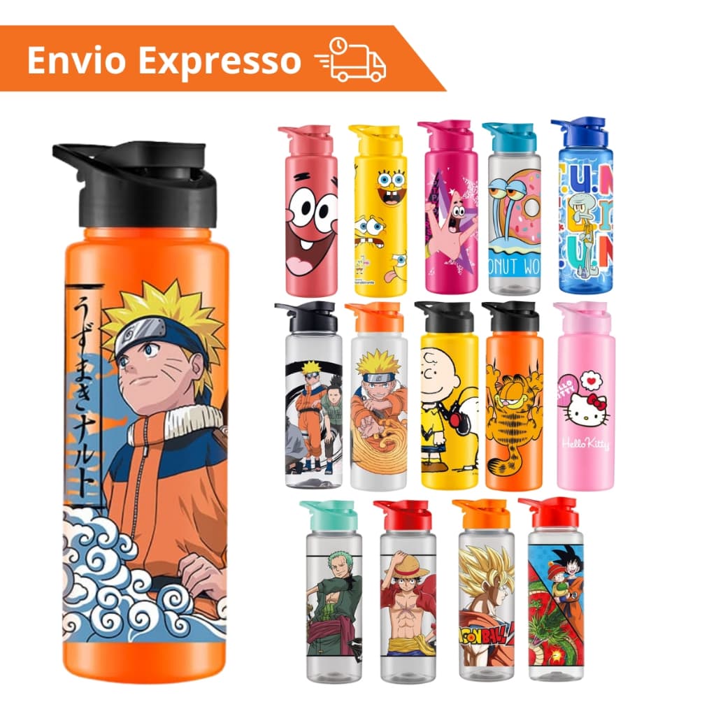 Garrafinha De Agua Squeeze infantil 750ml De Plástico Personalizado Diversos Naruto DBZ Bob Esponja
