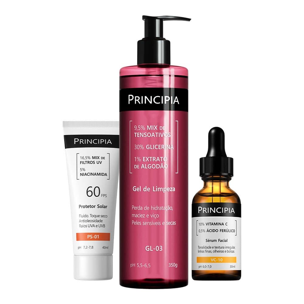 Principia Kit Pele Sensível Rotina Diurna c/ Gel de Limpeza GL-03 + Vitamina VC-10 + Protetor Solar Facial PS-01 FPS 60
