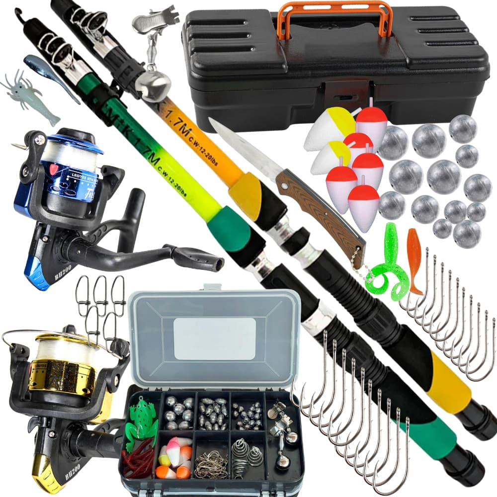 Kit Pesca 2 Varas 1,70m + Molinetes + Caixa com Anzóis, Boias e Chumbos