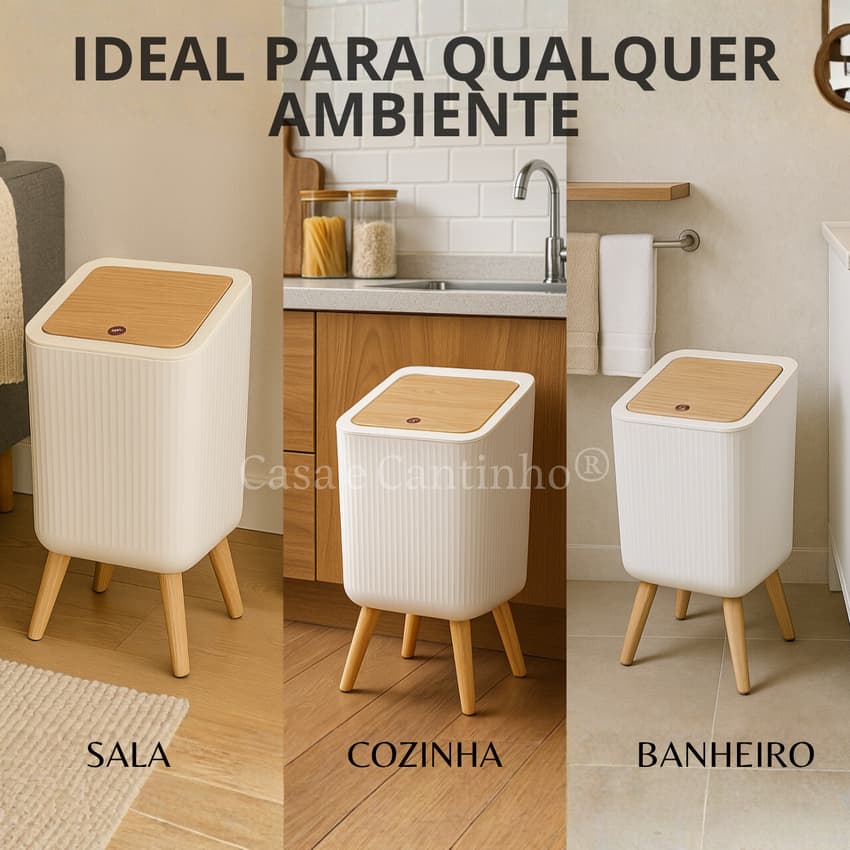 Lixeira De Plástico 9/8 Litros Branca Com Pés De Bambu Tampa Click De Pressão Para Cozinha Banheiro