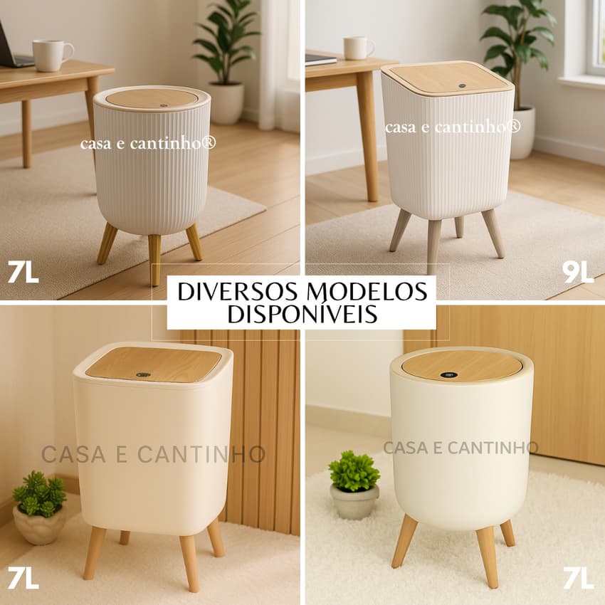 Lixeira De Plástico 9/8 Litros Branca Pés De Bambu Tampa Click De Pressão Cozinha Banheiro