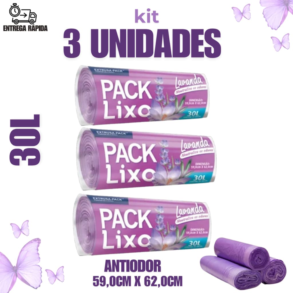 Saco de Lixo Perfumado 30 Litros Lavanda Kit 1/2/3 Neutraliza Odores Econômico Resistente Cheiroso