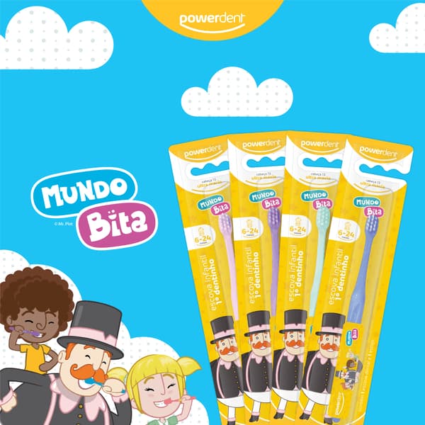 Escova Dental Infantil Primeiro Dentinho Mundo Bita Powerdent - Crianças 6 a 24 meses - Cerdas Ultra Macias