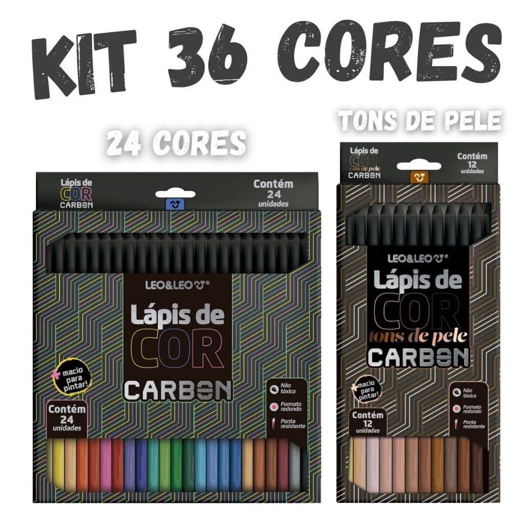 Kit Lápis de Cor 36 Cores  24 Tradicionais + 12 Tons de Pele Carbon line Artístico Escolar