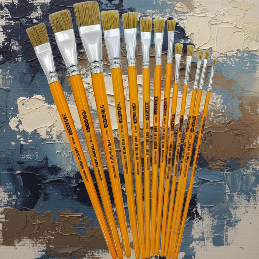 Pincéis Chato Cerdas Naturais Numeração 0 ao 24 Cabo Longo Amarelo