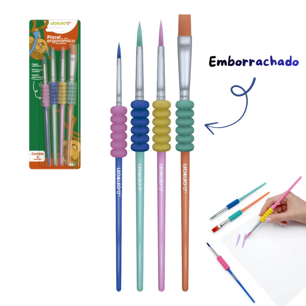 Pincel Ergonômico Infantil Emborrachado 4 Unidades Leo e Leo