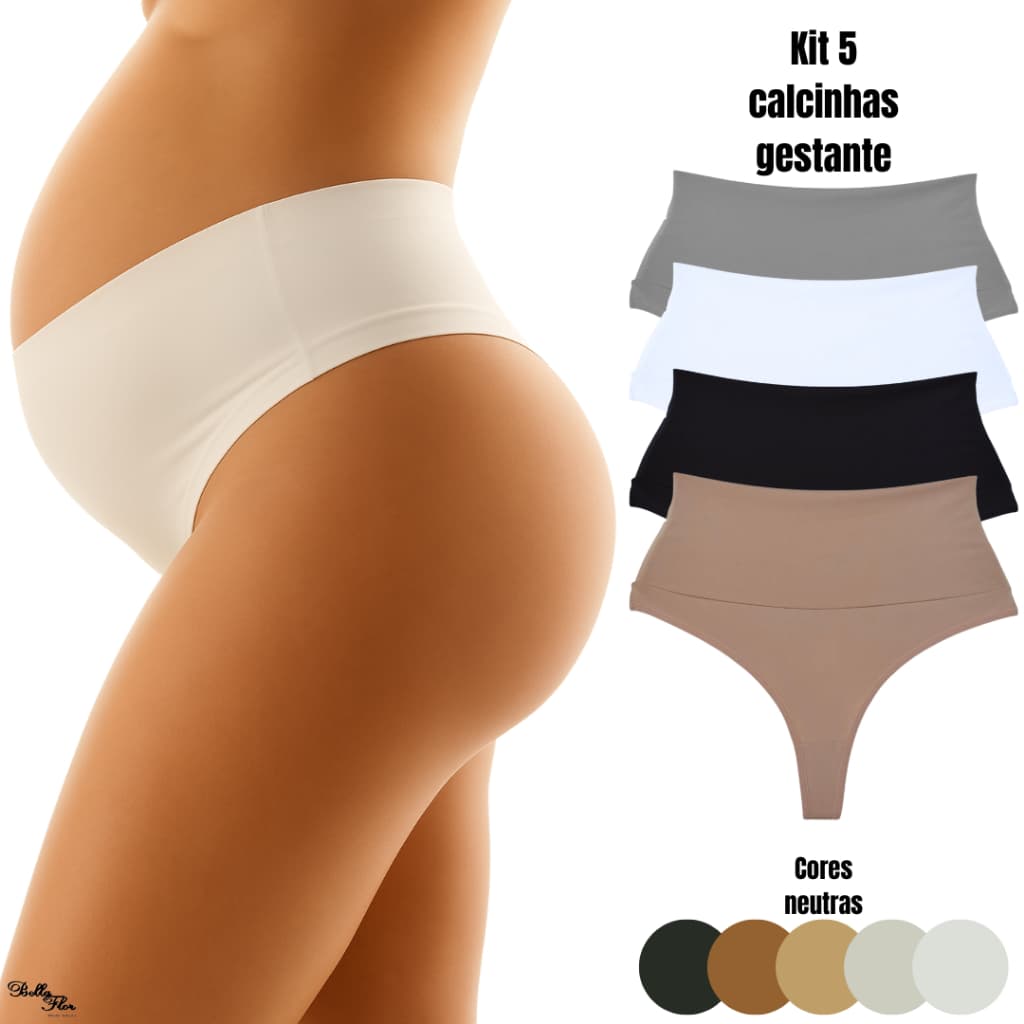 Kit 5 Calcinhas Cós Alto Gestante Grávida Pós Parto Fio Duplo Não Marca CORES NEUTRAS