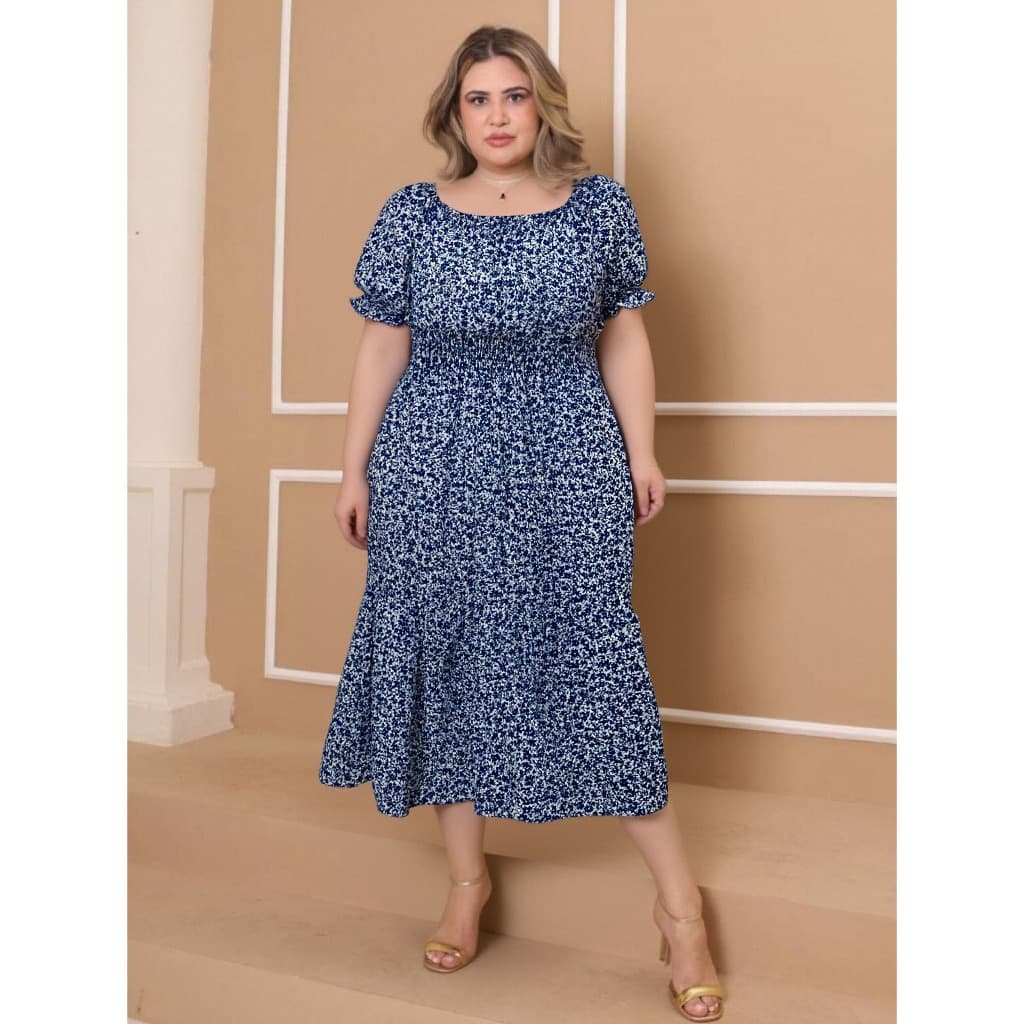Vestido Feminino Plus Size Estampa Floral Casual Elegante e Confortável Manga Curta Camponesa Curto Maternidade Gestante