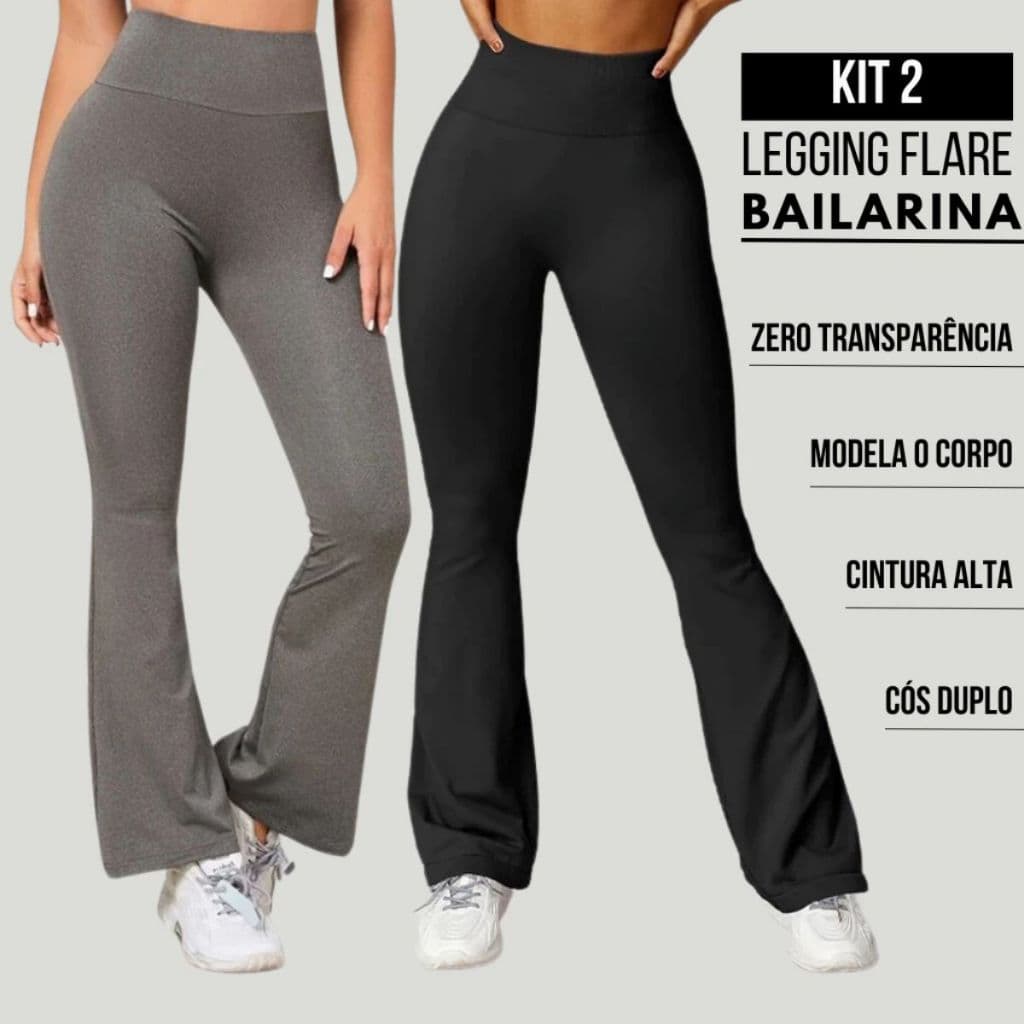 Kit 2 Calça Legging Flare Bailarina Suplex Cintura Alta Modela Bumbum Feminina Zero Transparência