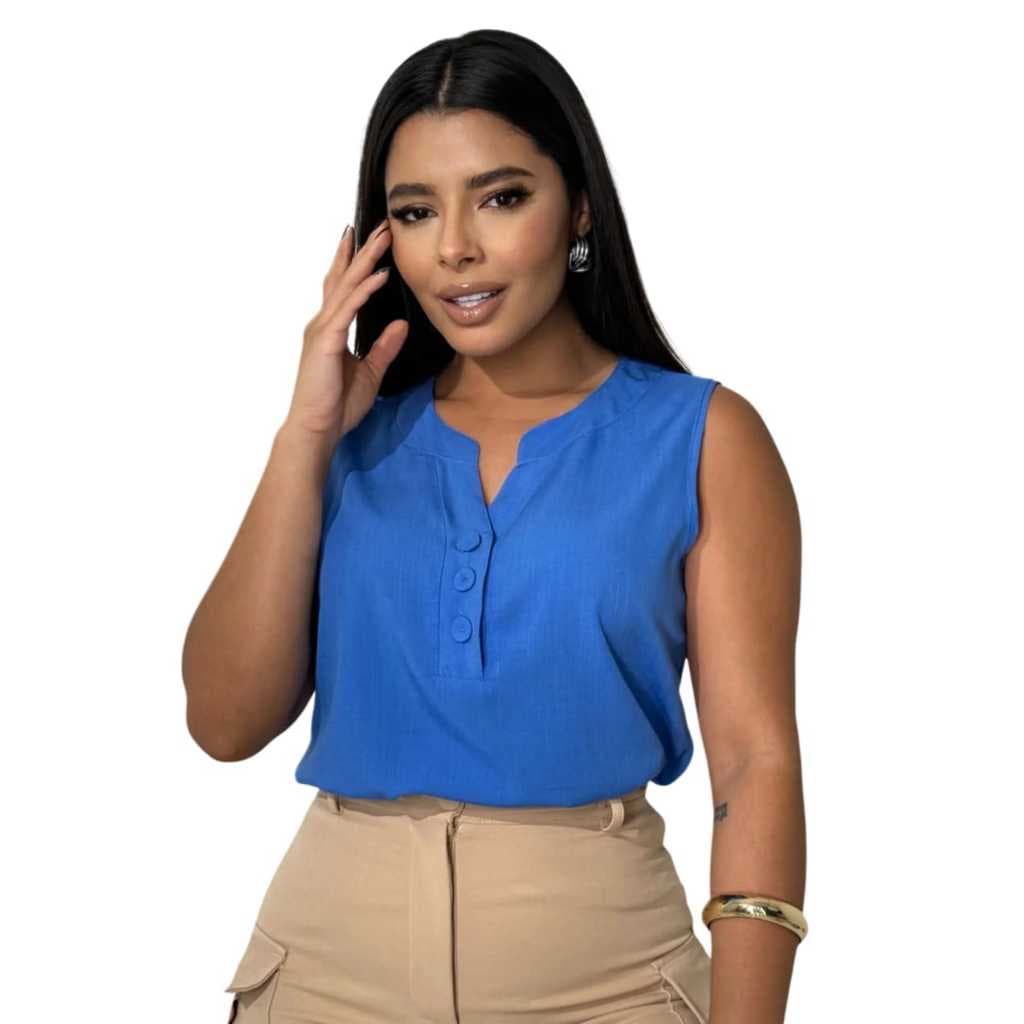 Blusa Regata Feminina Viscolinho Confortável -- M G GG - Decote V com Botões Encapados - Moda Verão