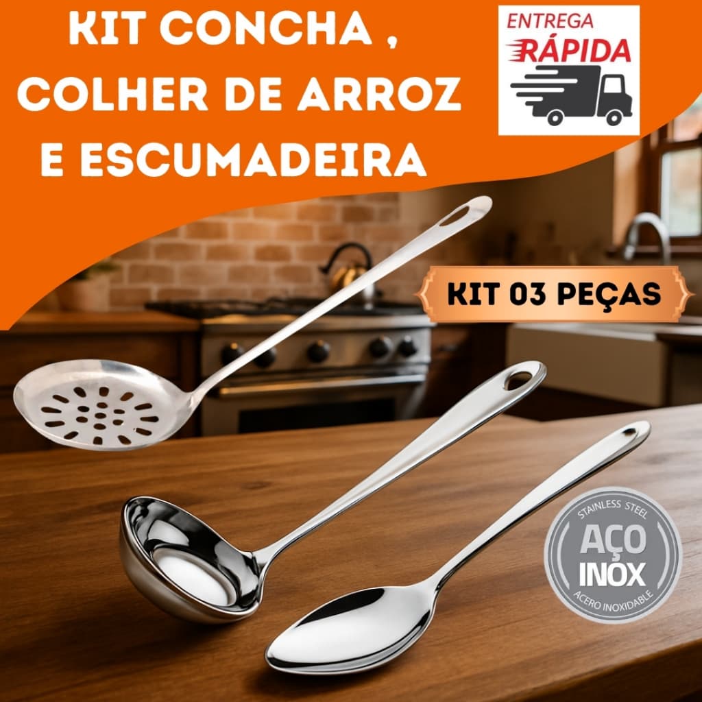 Kit Conjunto Cozinha Utensílios 3 Peças 100% Aço Inox Colher Escumadeira Concha