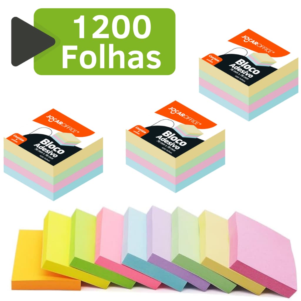 Kit 3 Bloco Adesivo 76x76 Colorido 1200 Folhas Notas Anotaçoes Fofo Pequeno Grande Caderno Livro