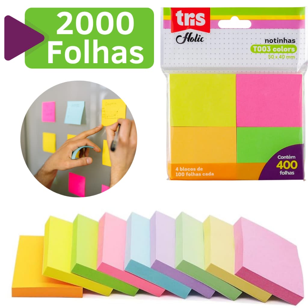 Kit 5 Bloco Adesivo 50x40 Colorido 2000 Folhas Notas Anotaçoes Fofo Pequeno Grande Caderno Livro