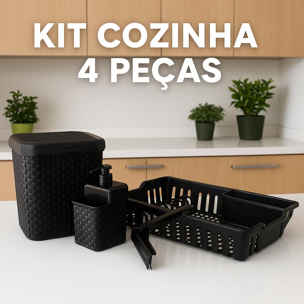 Kit Cozinha 4 Peças Lixeira 5L Rodinho De Pia Escorredor Porta Detergente