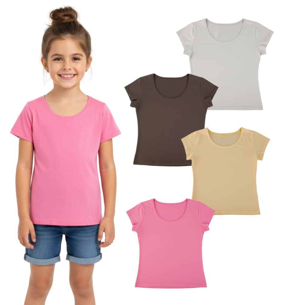 Kit com 4 Blusas Manga Curta Infantil para Menina 100% Algodão Moda Infantil Feminina Lisa Básica