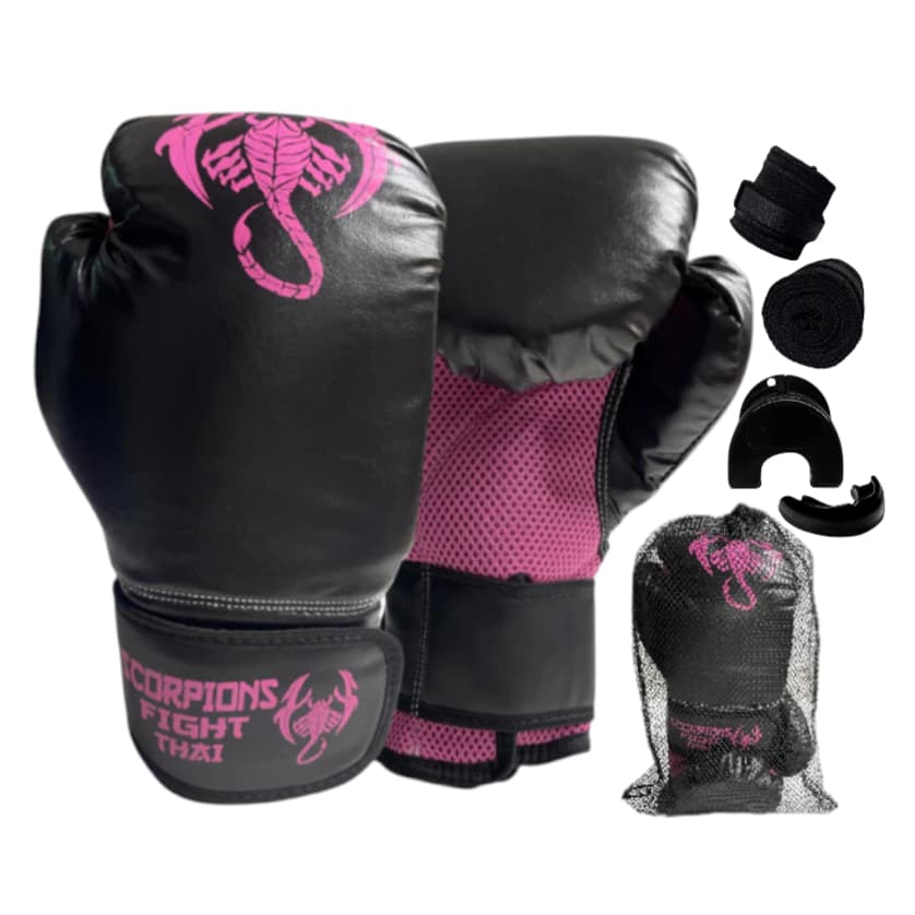 Kit Completo Muay Thai Boxe Kickboxing Luva + Bandagem + Bucal + sacola de brinde