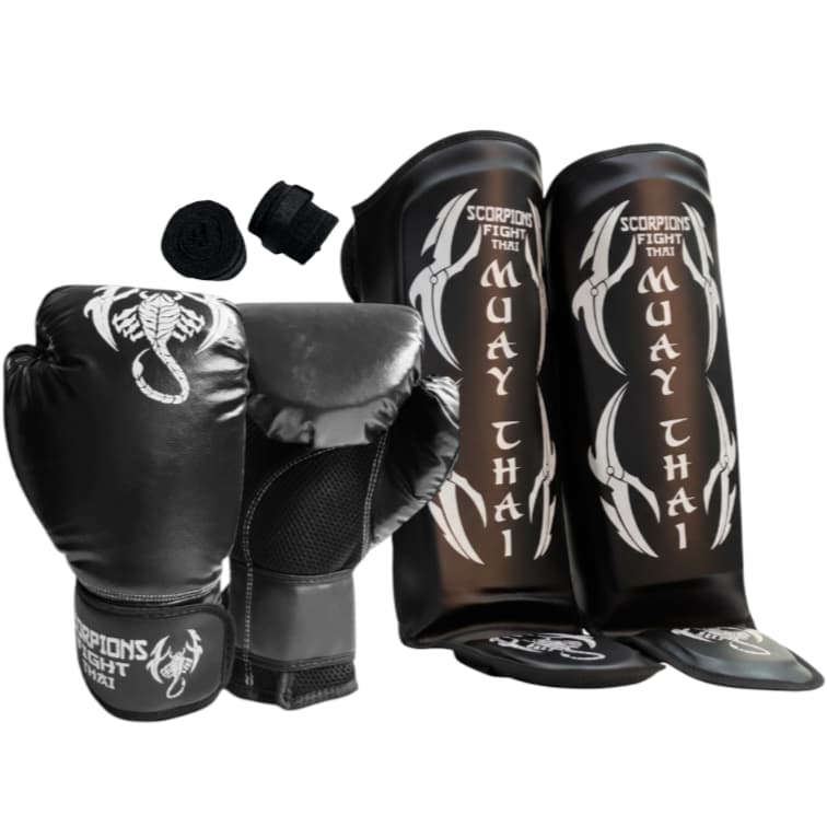 Kit Completo Treino Muay Thai / Boxe – Luva + Caneleira + Bandagem + Sacola de Brinde